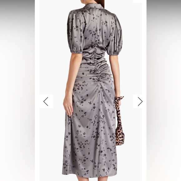 GANNI Ruched Floral-print Silk-blend satin midi dress - Picture 2 of 8